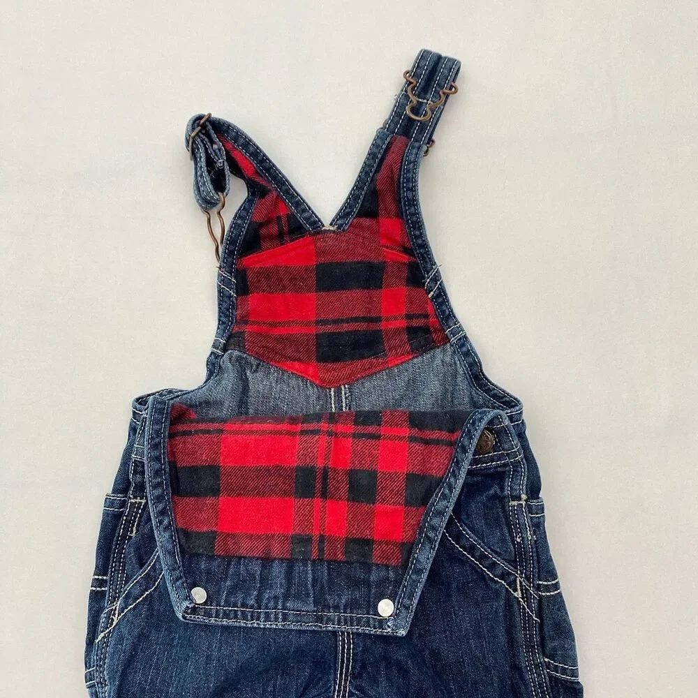OshKosh B'Gosh Bib Overalls Baby 12 Months Patchwork Denim Moose Flannel